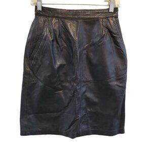 Vintage Black Leather Skirt 8 Straight Pencil Lined Pocket Mob Wife Old Money